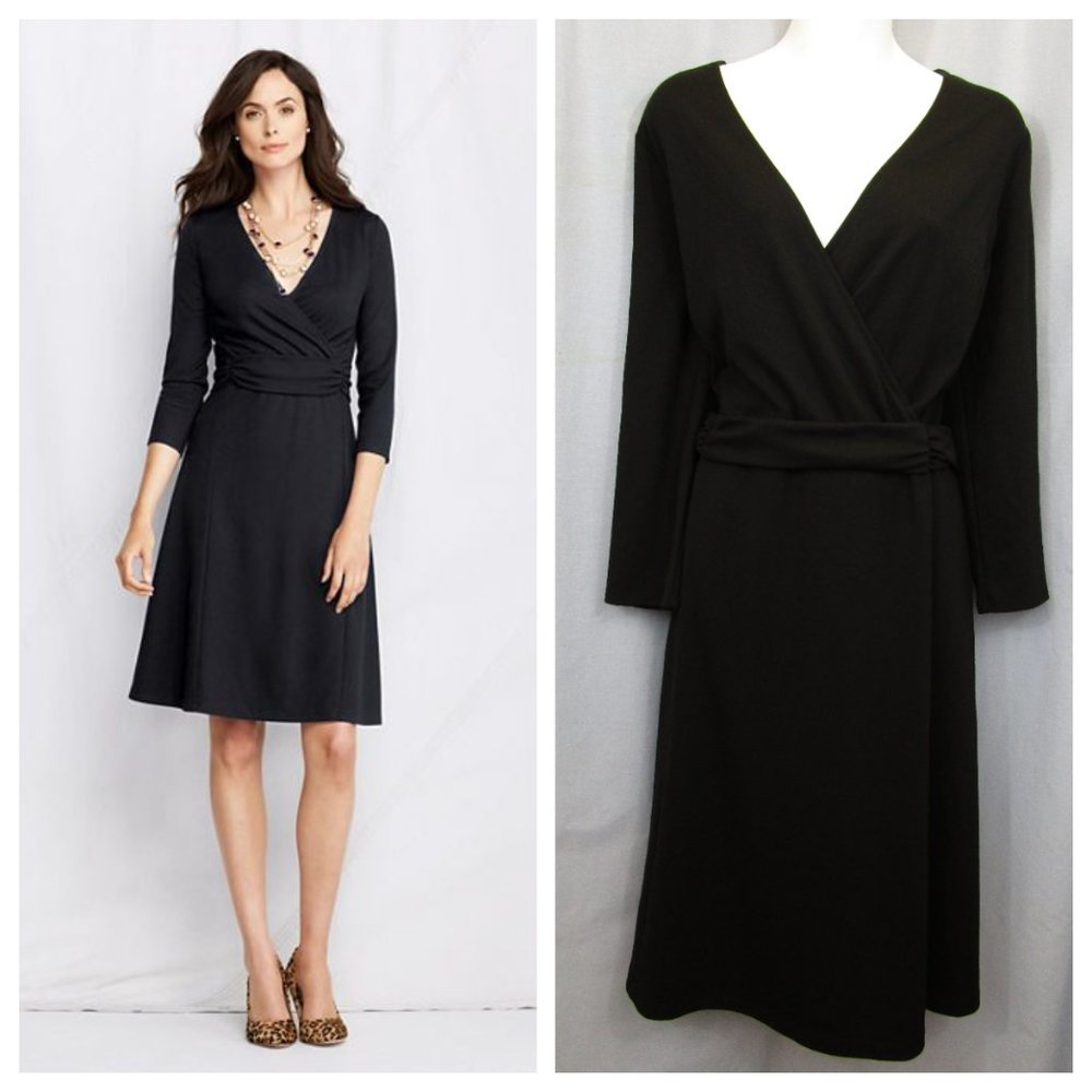 Lands End Ponte Knit Half Band Wrap Dress Black LT